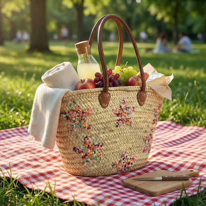 Star Embroidered Straw Tote Bag - Woven French Market Basket