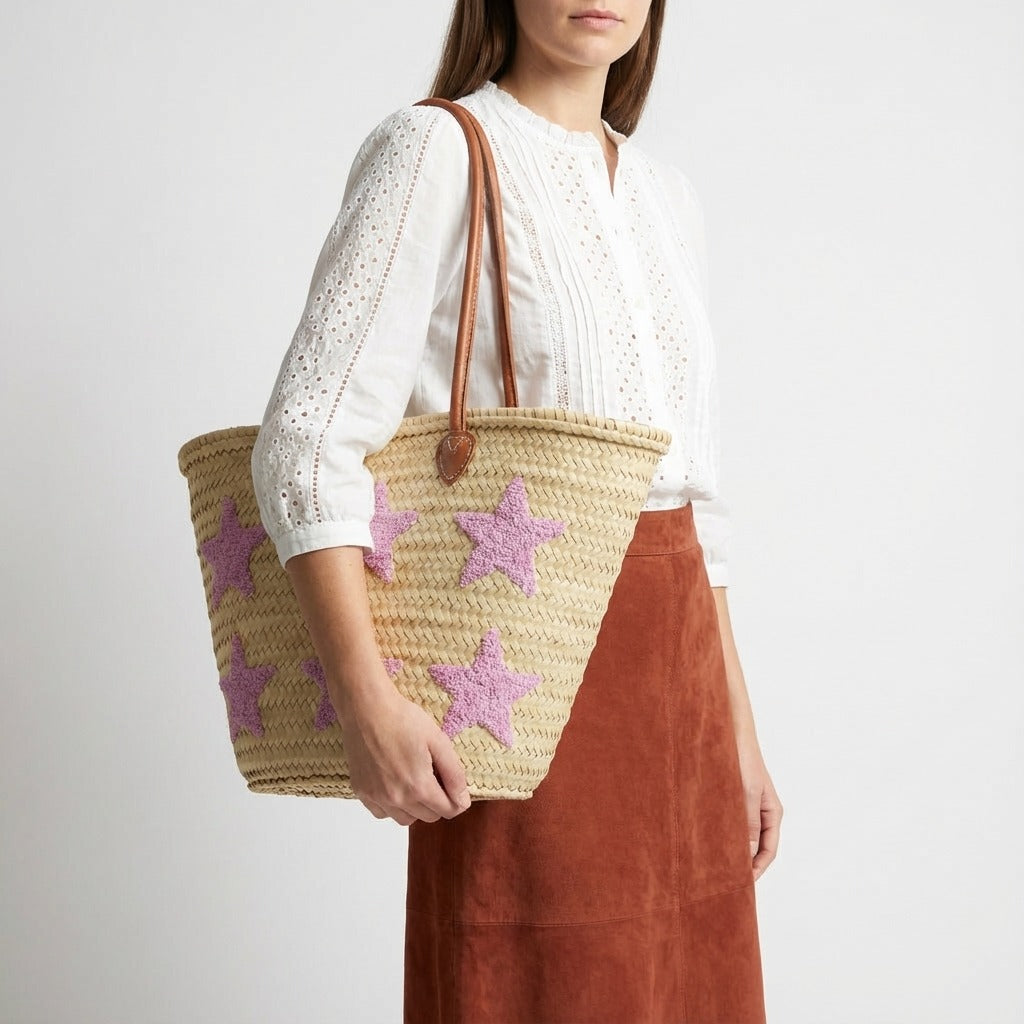 Pink Star Straw Tote Bag - French Market Basket Leather Handles