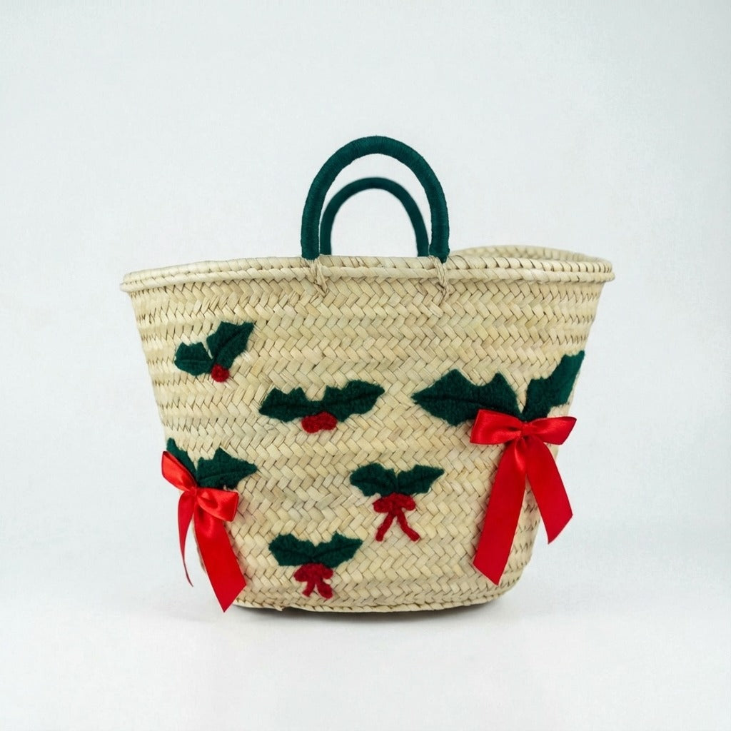 Christmas Holly Straw Tote Bag - Woven Holiday Market Basket
