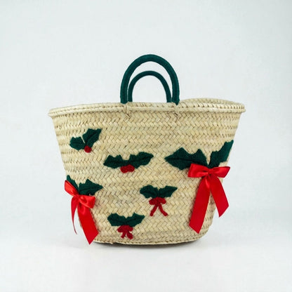 Christmas Holly Straw Tote Bag - Woven Holiday Market Basket