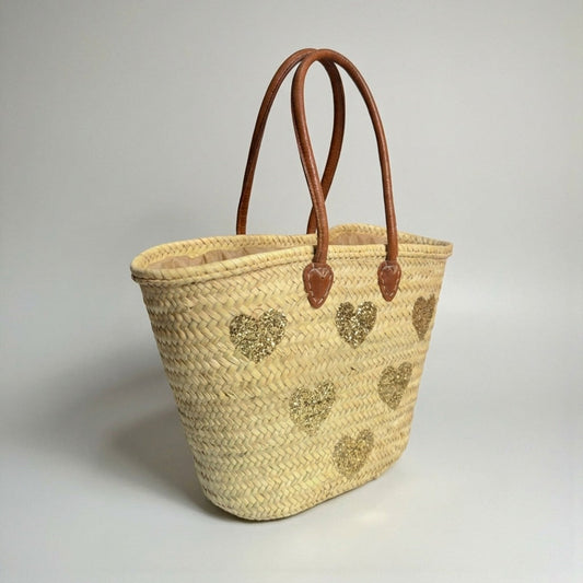 Gold Sequin Heart Straw Market Basket French Tote Bag