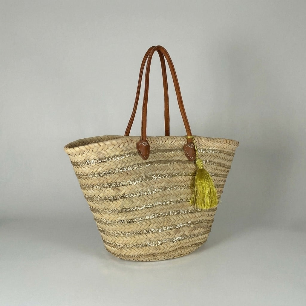 Gold Sequin Straw Tote - Handmade French Market Basket Leather Handles