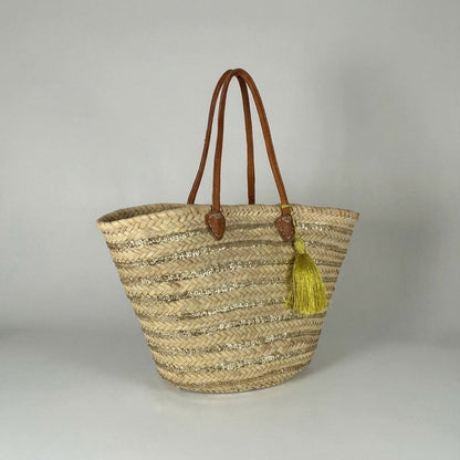 Gold Sequin Straw Tote - Handmade French Market Basket Leather Handles