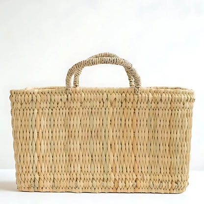 Woven Reed Storage Basket with Handles - Natural Rectangular Organizer