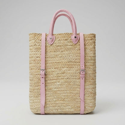 Woven Straw Backpack with Leather Straps - Handmade Market Tote