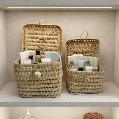Woven Storage Basket with Lid - Natural Handmade Organizer Box