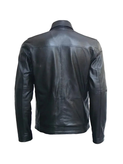 Men's Black Leather Zip Jacket – Slim Fit with Shirt Collar
